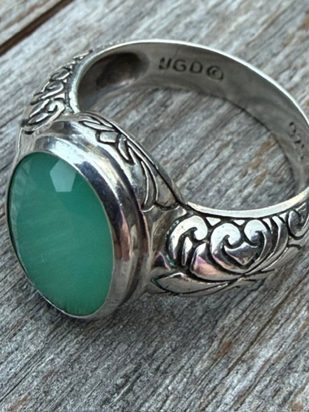 Vintage Sterling Ring Rose Cut Green Chalcedony Janice Girardi Designs Size 10 - Picture 4 of 13